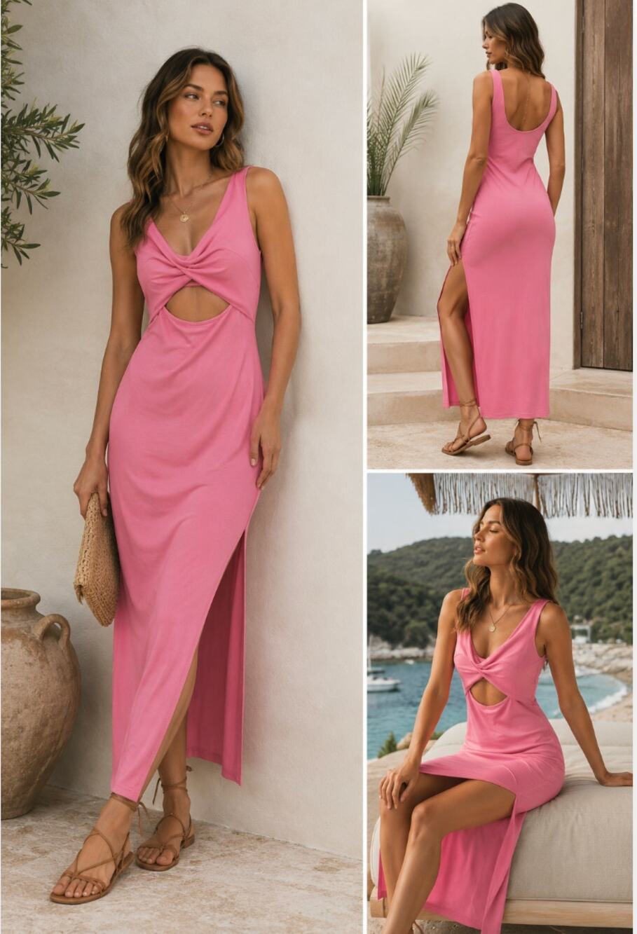 Cider Pink Cut Out Twist Front Midi Dress Coastal Vacation Glam Resort Barbie XS